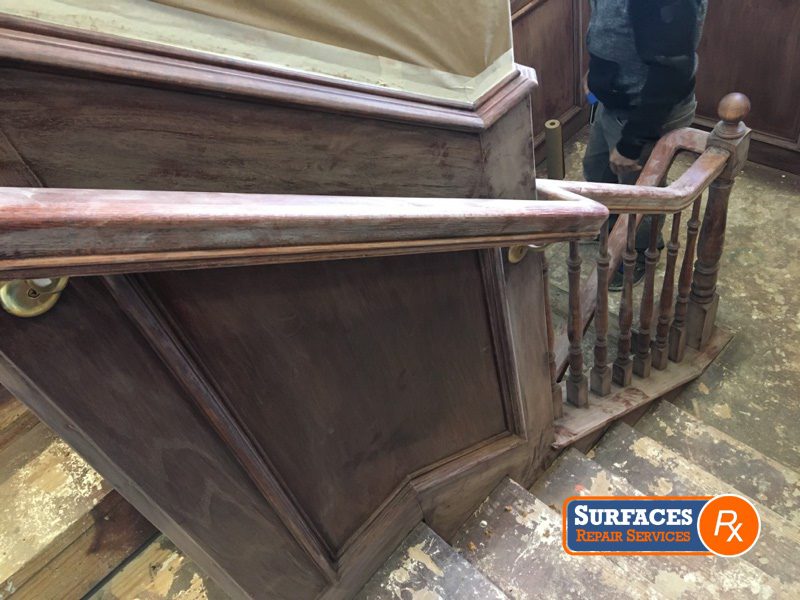 Sanding Banisters during Surfaces Rx Repair and Refinishing