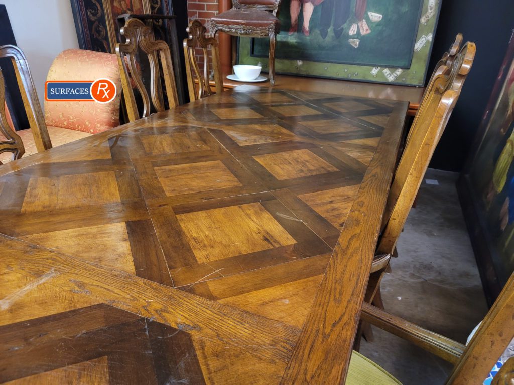 Parquetry Antique Dining Room Table Before Refinishing by Surfaces Rx